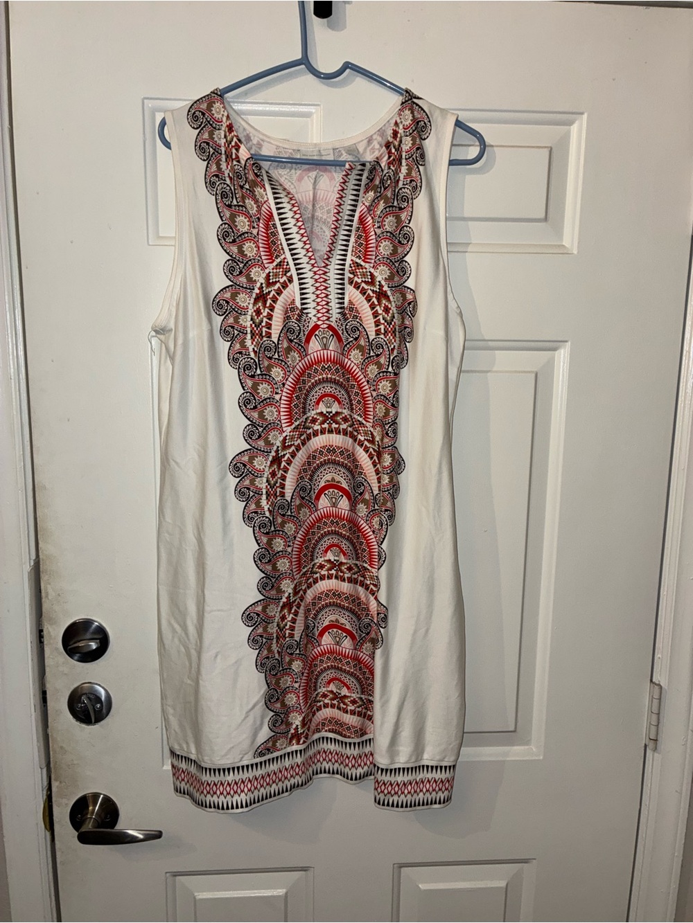 New York & Company White Sleeveless Dress with Red & Black Medallion Print